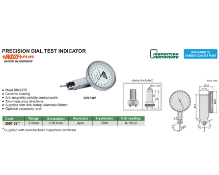 INSIZE Measuring Equipment Insize Precision Dial Indicator 0.2mm Range Series 2897-02