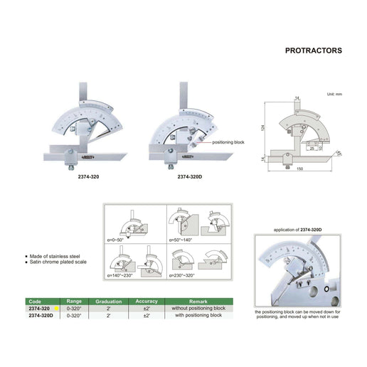 INSIZE Measuring Equipment Insize Protractor 0-320° Range Series 2374-320