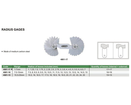 INSIZE Measuring Equipment Insize Radius Gauge Set 1-7mm Range Series 4801-17