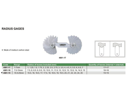 INSIZE Measuring Equipment Insize Radius Gauge Set 15.5-25mm Range Series 4801-15