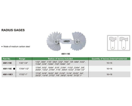 INSIZE MEASURING EQUIPMENT Insize Radius Gauge Set 17/64"-1/2" Range Series 4801-16E