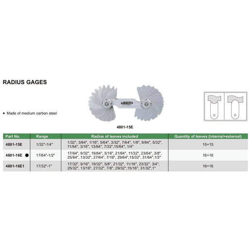 INSIZE MEASURING EQUIPMENT Insize Radius Gauge Set 17/64"-1/2" Range Series 4801-16E