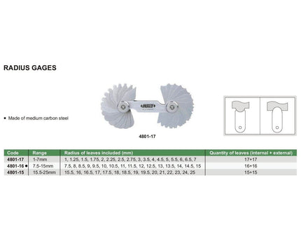 INSIZE Measuring Equipment Insize Radius Gauge Set 7.5-15mm Range Series 4801-16