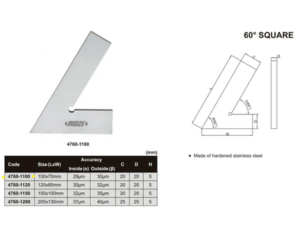 INSIZE Measuring Equipment Insize Range 60° Square 100 X 70mm Series 4760-1100