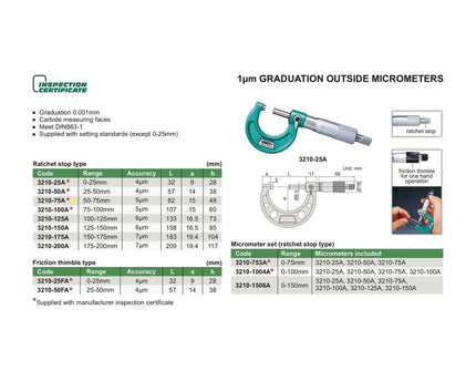 INSIZE Measuring Equipment Insize Ratchet Stop Type Outside Micrometer 50-75mm Range Series 3210-75A