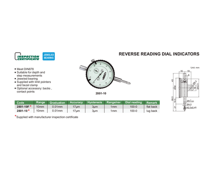 INSIZE Measuring Equipment Insize Reverse Reading Dial Indicator 0-10mm x 0.01mm Range Series 2801-10