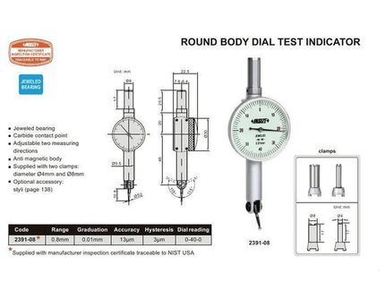 INSIZE Measuring Equipment Insize Round Body Dial Test Indicator Range Series 2391-08