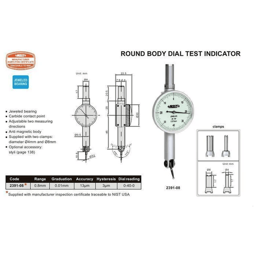 INSIZE Measuring Equipment Insize Round Body Dial Test Indicator Range Series 2391-08