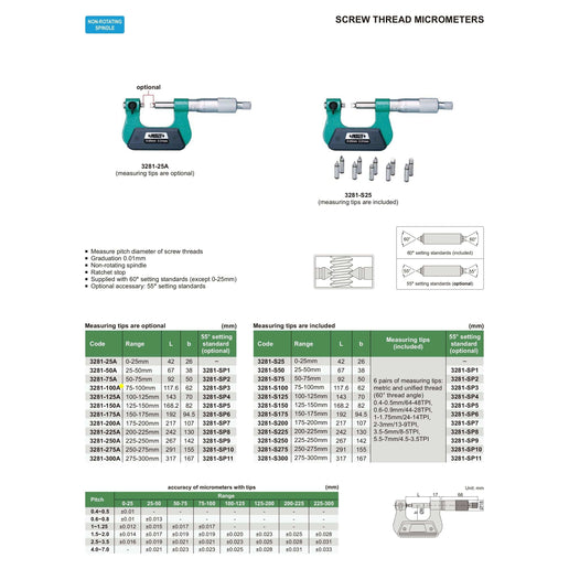 INSIZE Measuring Equipment Insize Screw Thread Micrometer 75-100mm Range Series 3281-100A