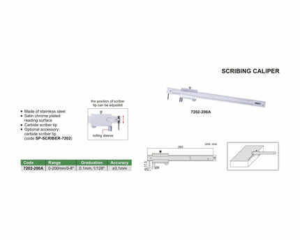 INSIZE MEASURING EQUIPMENT Insize Scribing Caliper 0-200mm/0-8" Range Series 7202-200A