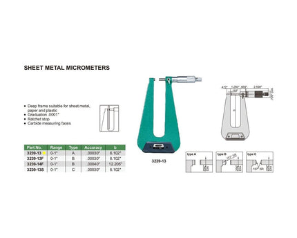 INSIZE Measuring Equipment Insize Sheet Metal Micrometer 0-1" Range Series 3239-13