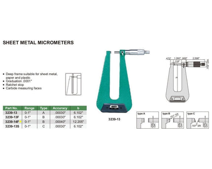 INSIZE Measuring Equipment Insize Sheet Metal Micrometer 0-1" Range Series 3239-14F