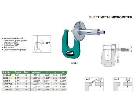 INSIZE Measuring Equipment Insize Sheet Metal Micrometer 0-1" Range Series 3263-1