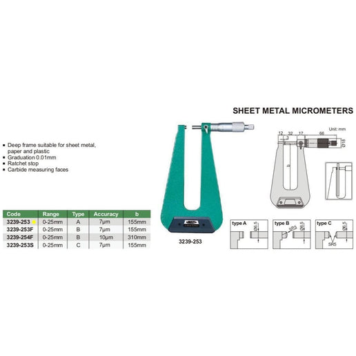 INSIZE Measuring Equipment Insize Sheet Metal Micrometer 0-25mm Range Series 3239-253