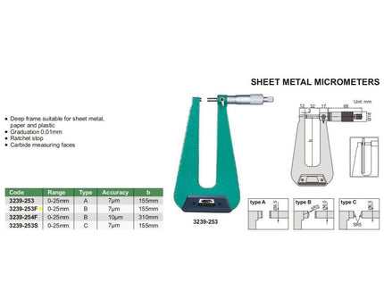 INSIZE Measuring Equipment Insize Sheet Metal Micrometer 0-25mm Range Series 3239-253F