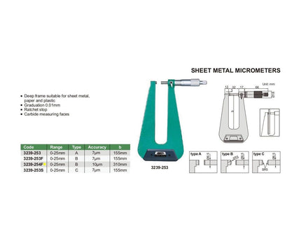INSIZE Measuring Equipment Insize Sheet Metal Micrometer 0-25mm Range Series 3239-254F