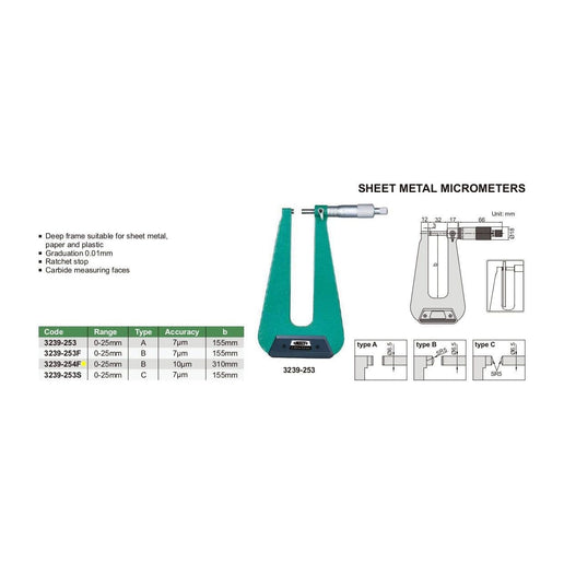 INSIZE Measuring Equipment Insize Sheet Metal Micrometer 0-25mm Range Series 3239-254F