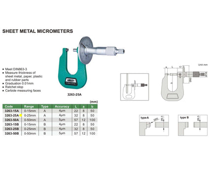 INSIZE Measuring Equipment Insize Sheet Metal Micrometer 0-25mm Range Series 3263-25A