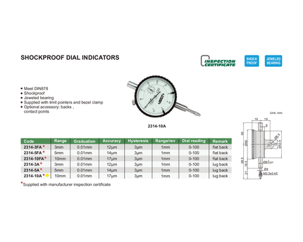 INSIZE Measuring Equipment Insize Shockproof Dial Indicator 10mm Range Series 2314-10A