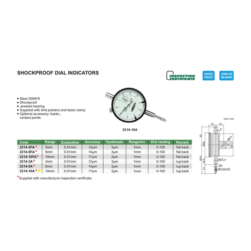 INSIZE Measuring Equipment Insize Shockproof Dial Indicator 10mm Range Series 2314-10A