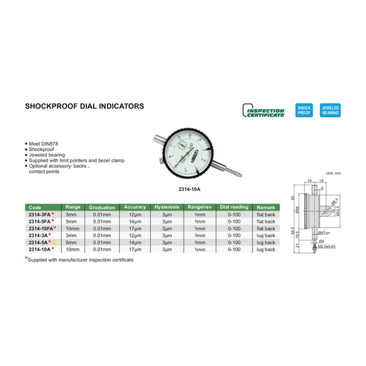 INSIZE Measuring Equipment Insize Shockproof Dial Indicator 5mm Range Series 2314-5A