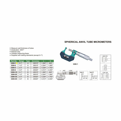 INSIZE Measuring Equipment Insize Spherical Anvil Tube Micrometer 0-1" Type A Series 3260-1