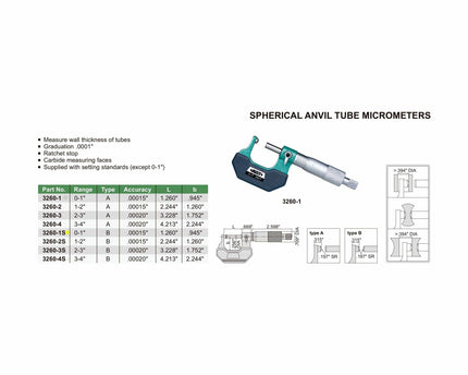 INSIZE Measuring Equipment Insize Spherical Anvil Tube Micrometer 0-1" Type B Series 3260-1S