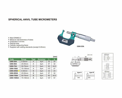 INSIZE Measuring Equipment Insize Spherical Anvil Tube Micrometer 0-25mm Type B Series 3260-25SA