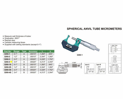 INSIZE Measuring Equipment Insize Spherical Anvil Tube Micrometer 3-4" Type B Series 3260-4S