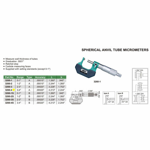 INSIZE Measuring Equipment Insize Spherical Anvil Tube Micrometer 3-4" Type B Series 3260-4S