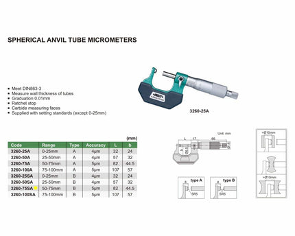 INSIZE Measuring Equipment Insize Spherical Anvil Tube Micrometer 50-75mm Type B Series 3260-75SA
