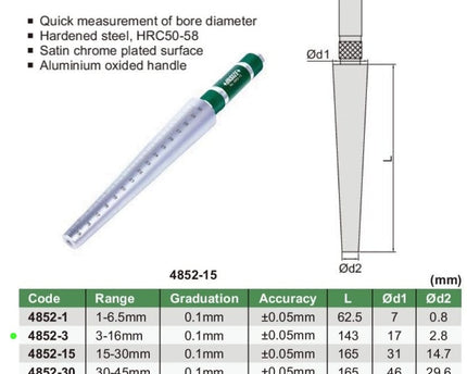 INSIZE Measuring Equipment Insize Taper Bore Gauge 3-16mm Range Series 4852-3
