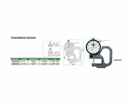 INSIZE Measuring Equipment Insize Thickness Gauge 0-0.5" x 0.0005" Range Series 2364-055