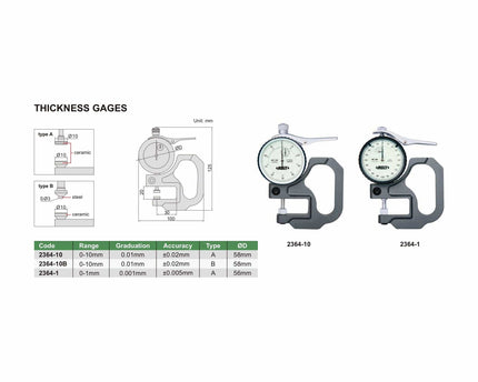 INSIZE Measuring Equipment Insize Thickness Gauge 0-10mm x 0.01mm Range Series 2364-10