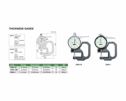 INSIZE Measuring Equipment Insize Thickness Gauge 0-10mm x 0.01mm Range Series 2364-10B