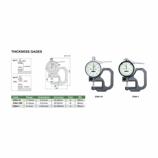 INSIZE Measuring Equipment Insize Thickness Gauge 0-10mm x 0.01mm Range Series 2364-10B