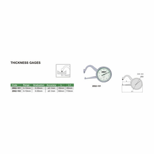 INSIZE Measuring Equipment Insize Thickness Gauge 0-10mm x 0.05mm Range Series 2862-102