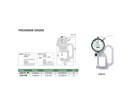 INSIZE Measuring Equipment Insize Thickness Gauge 0-30mm x 0.01mm Range Series 2366-30