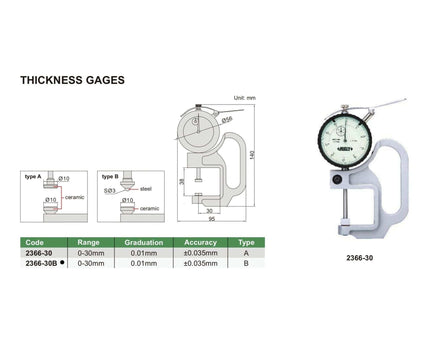 INSIZE Measuring Equipment Insize Thickness Gauge 0-30mm x 0.01mm Range Series 2366-30B