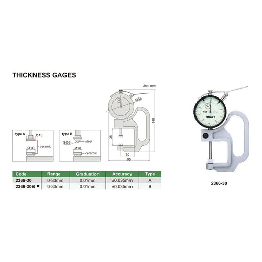 INSIZE Measuring Equipment Insize Thickness Gauge 0-30mm x 0.01mm Range Series 2366-30B
