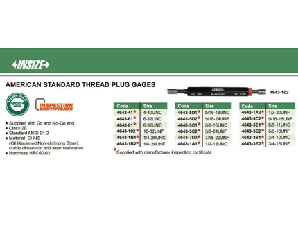 INSIZE Measuring Equipment Insize Thread Plug Gage 1/4-28 UNF Class 2B Series 4643-1B2