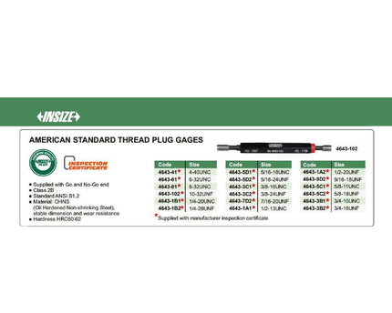 INSIZE Measuring Equipment Insize Thread Plug Gage 5/16-24 UNF Class 2B Series 4643-5D2
