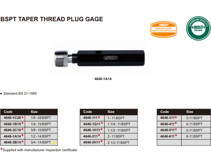 INSIZE Measuring Equipment Insize Thread Plug Gauge 3/4"-14 BPST Series - 4646-3B14