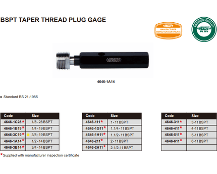 INSIZE Measuring Equipment Insize Thread Plug Gauge 3/8"-19 BPST Series - 4646-3C19