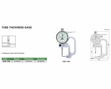 INSIZE Measuring Equipment Insize Tube Type Thickness Gauge 0-10mm x 0.01mm Range Series 2367-10A