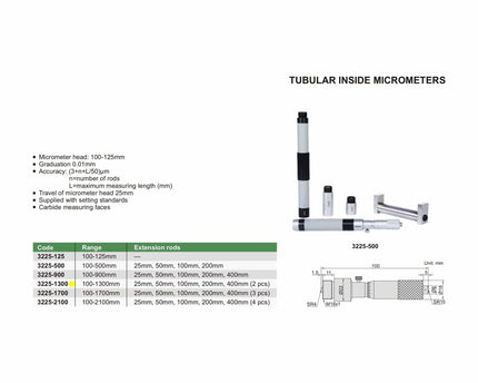 INSIZE Measuring Equipment Insize Tubular Inside Micrometer 100-1300mm Range Series 3225-1300