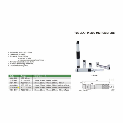 INSIZE Measuring Equipment Insize Tubular Inside Micrometer 100-1700mm Range Series 3225-1700