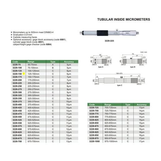 INSIZE Measuring Equipment Insize Tubular Inside Micrometer 125-150mm Range Series 3229-150