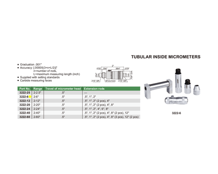 INSIZE Measuring Equipment Insize Tubular Inside Micrometer 2-6" Range Series 3222-6