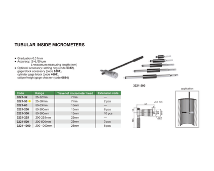 INSIZE Measuring Equipment Insize Tubular Inside Micrometer 25-50mm Range Series 3221-50